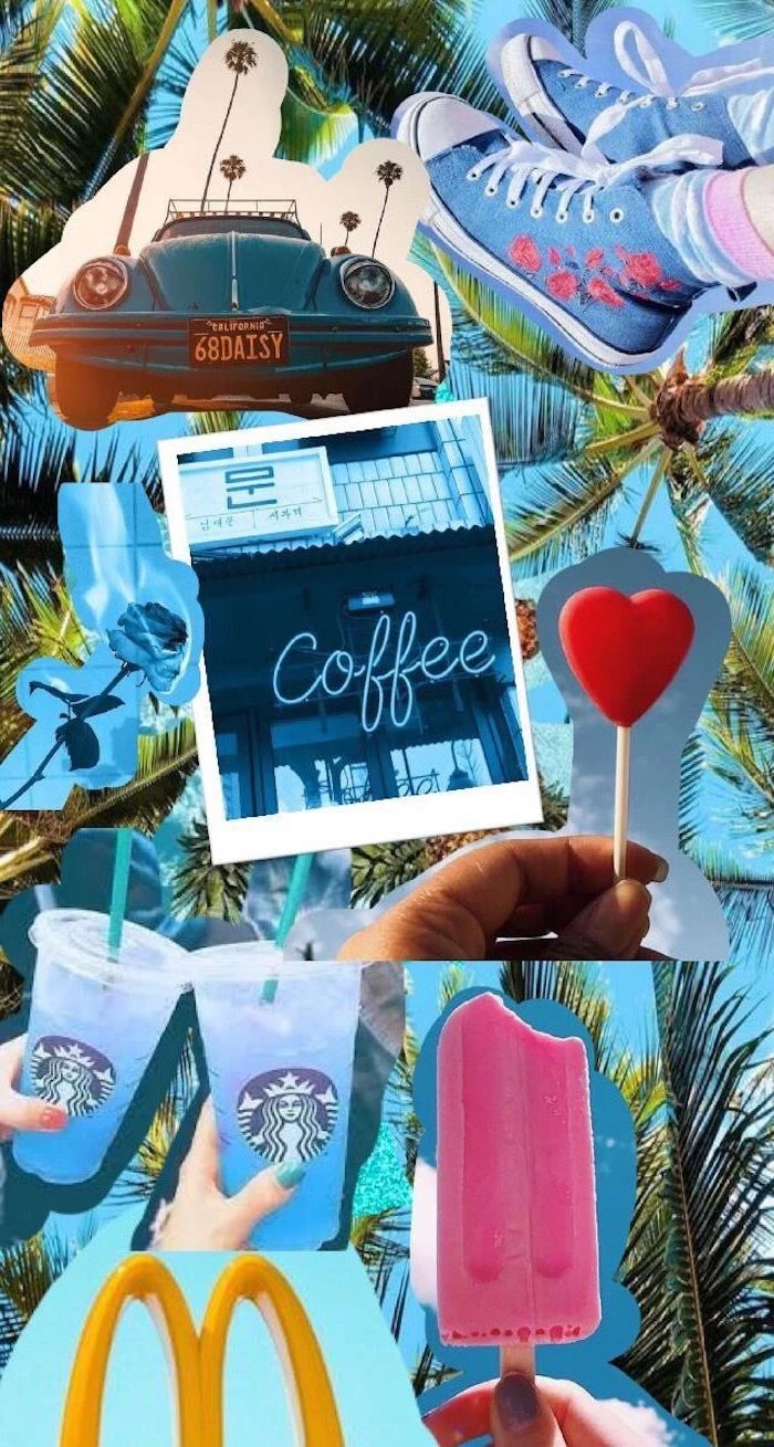photo collage, cute backgrounds for girls, vintage car, starbucks cups, blue sneakers