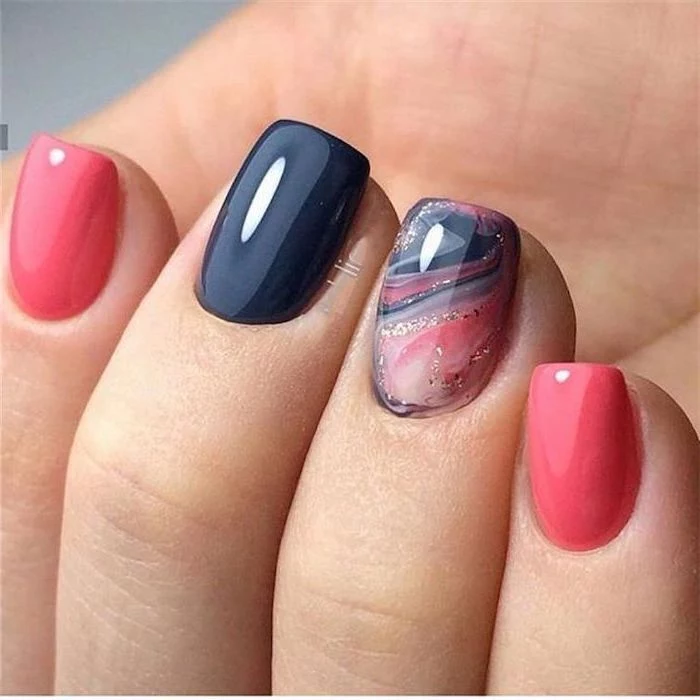 pink and dark blue nail polish, nail color ideas, blue pink and gold marble