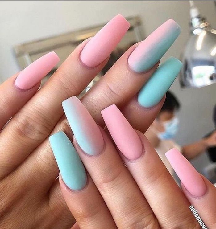 what color should i paint my nails, pink and blue matte, ombre effect, long coffin nails