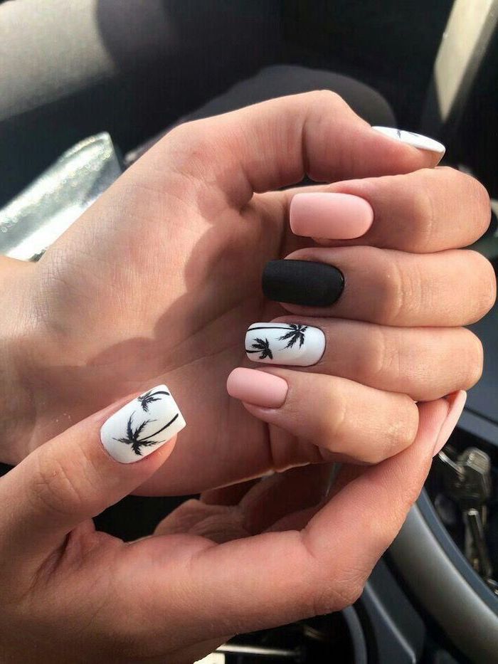 black and pink, matte nail polish, black palm trees, nail design ideas