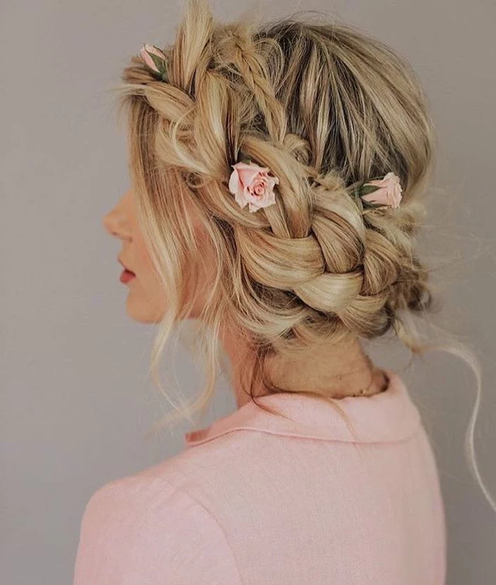 pink roses, braided updo, blonde hair, with highlights, natural hairstyles braids, pink jacket