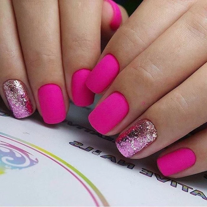 pink matte, what color should i paint my nails, pink glitter, nail polish, short nails