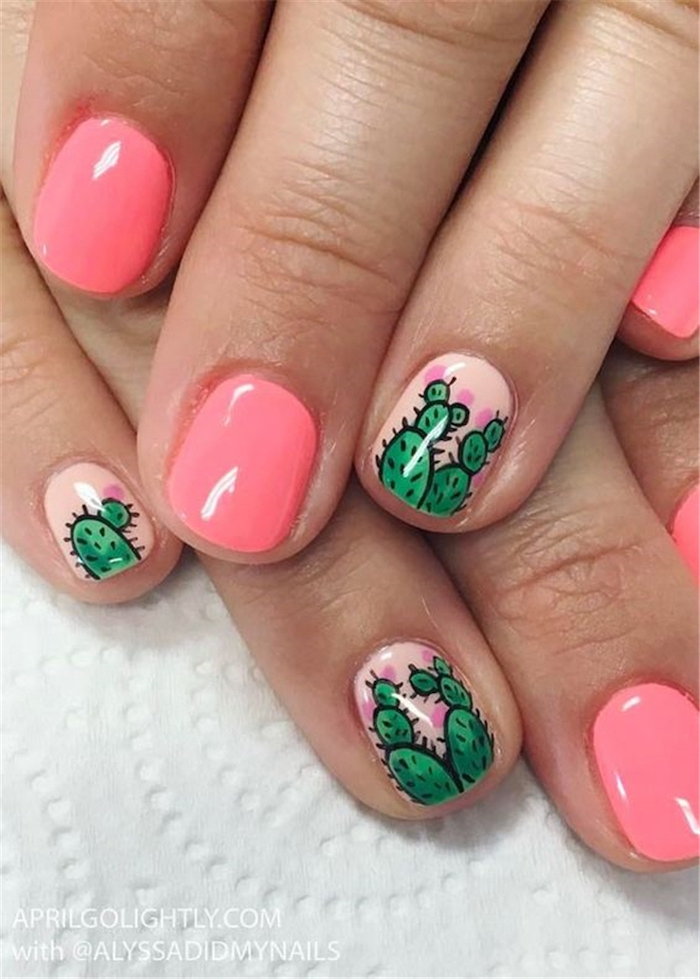 pink nail polish, green cactuses, nail design ideas, short nails, white background