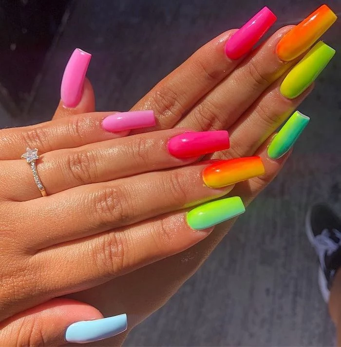 long nails, silver ring, nail designs for short nails, rainbow colors, from warm to cold, ombre effect