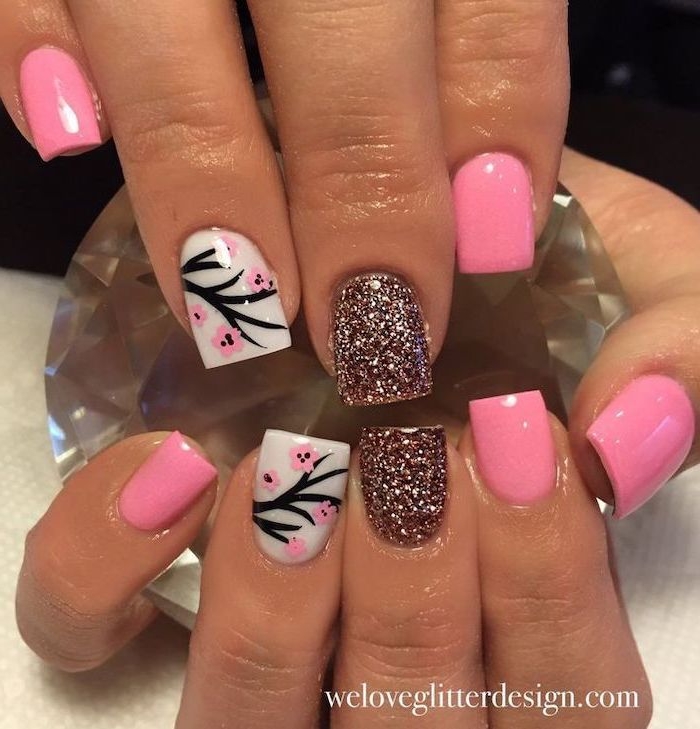 pink and white nail polish, pink glitter, beach nail designs, blossoming tree branch