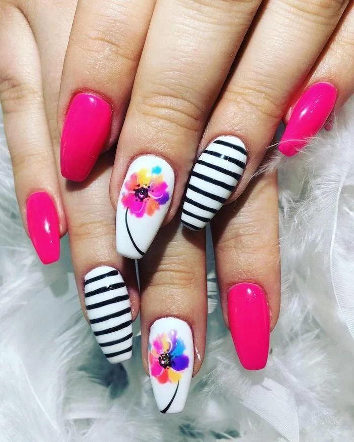 pink and white nail polish, watercolor flower, nail designs for short nails, black and white stripes
