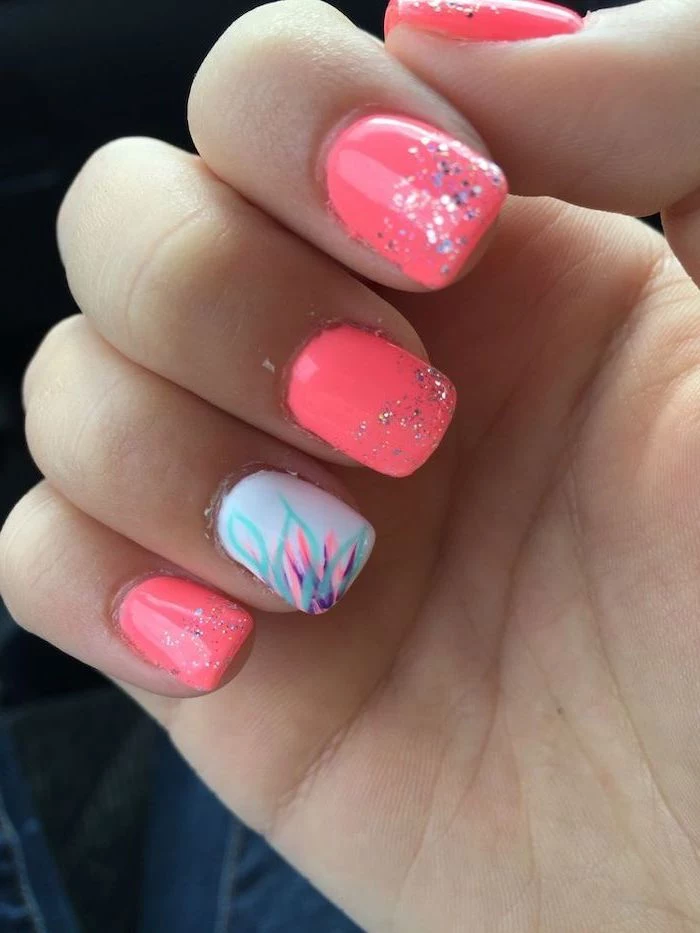 pink and white nail polish, colorful flower, beach nail designs, silver glitter