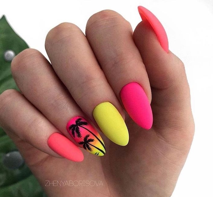 orange pink and yellow, neon nail polish, beach nail designs, black palm trees, at sunset