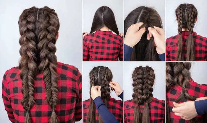 step by step, diy tutorial, red plaid shirt, natural hairstyles braids, brown hair, two braids