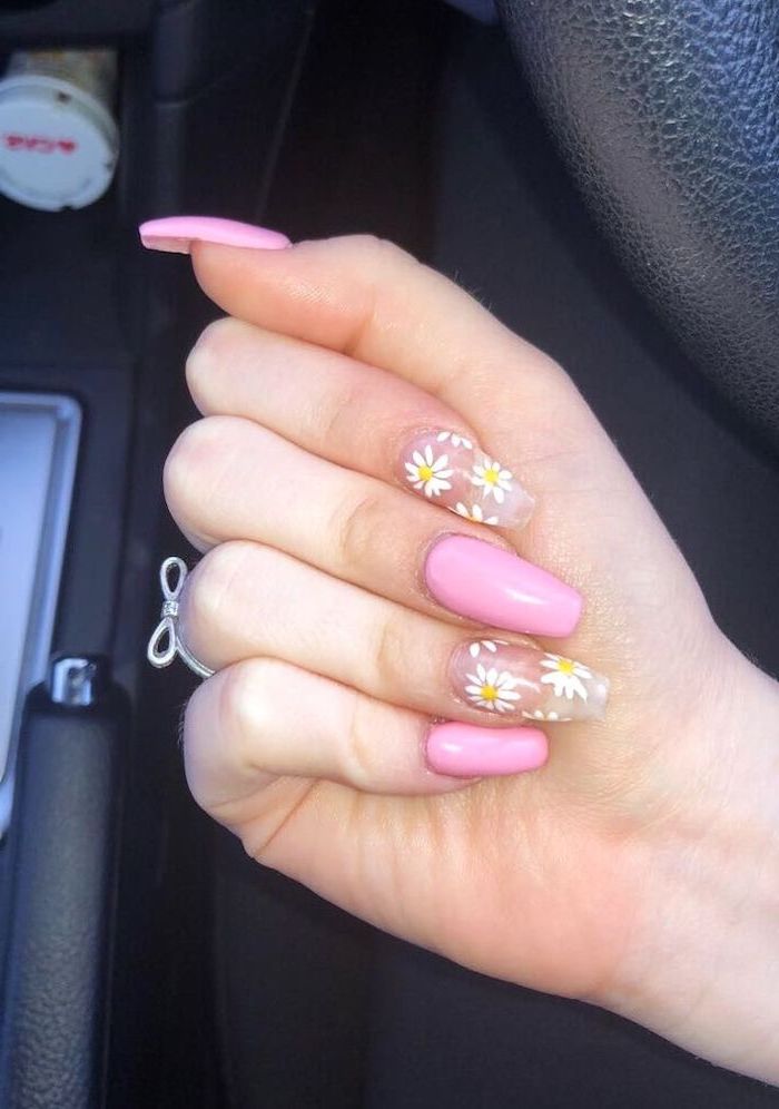 pink nail polish, white daisies, nail designs for short nails, black background, long nails