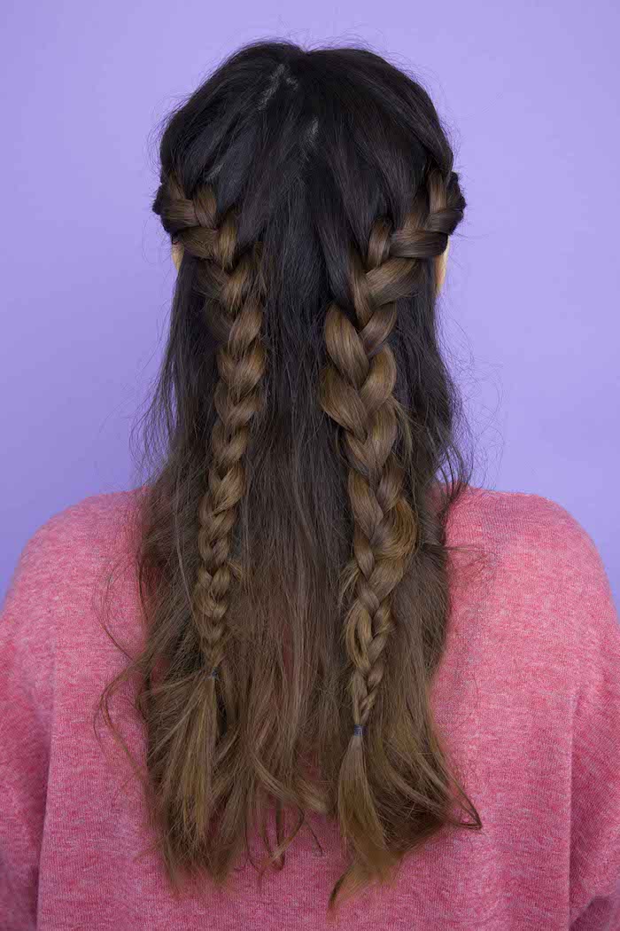 purple background, pink sweater, two braids, brown hair, cornrow braid hairstyles