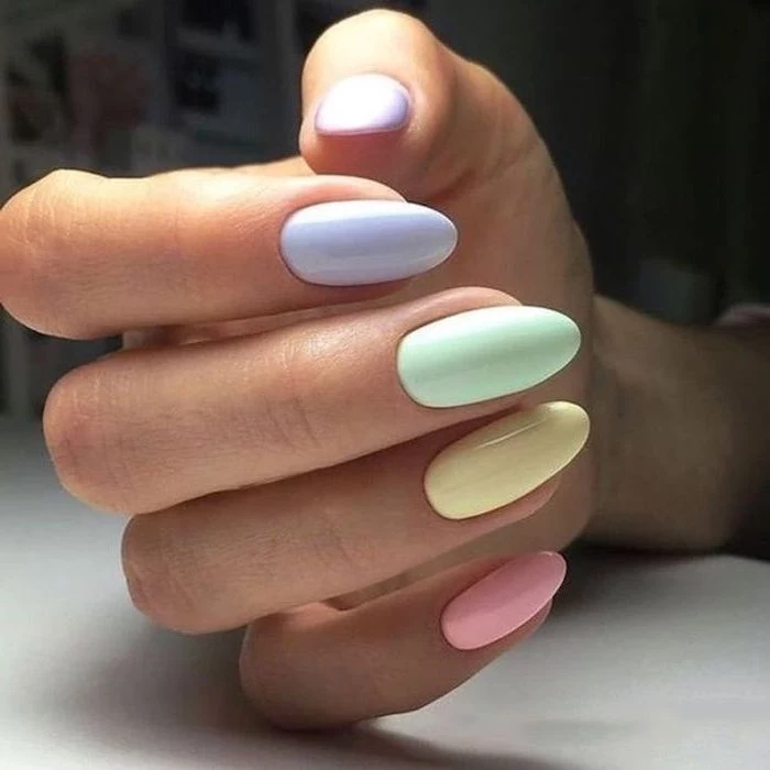 cute short nails, purple and green, yellow and pink, nail polish, almond nails