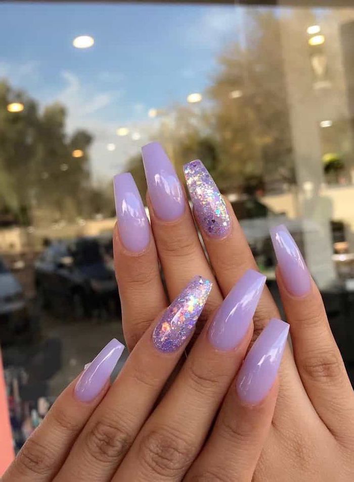 long coffin nails, purple glitter, purple nail polish, cute short nails