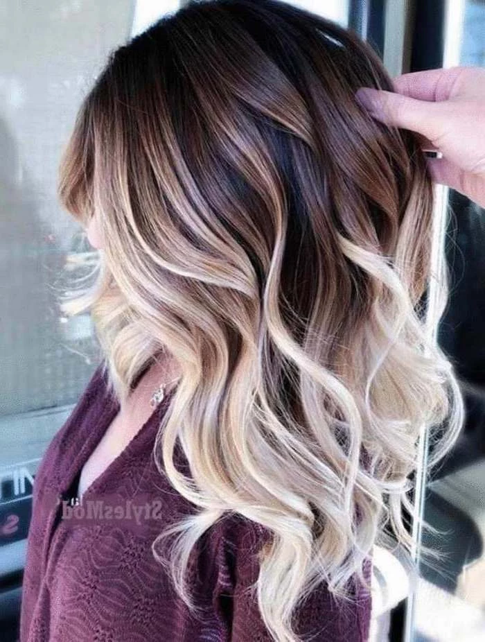 brown to blonde, medium length, wavy hair, rose gold ombre hair, purple top