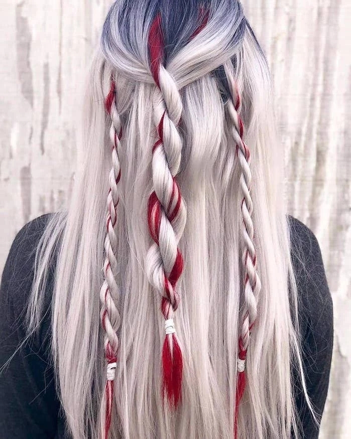 platinum blonde hair, red highlights, different types of braids, twisted braids, black blouse