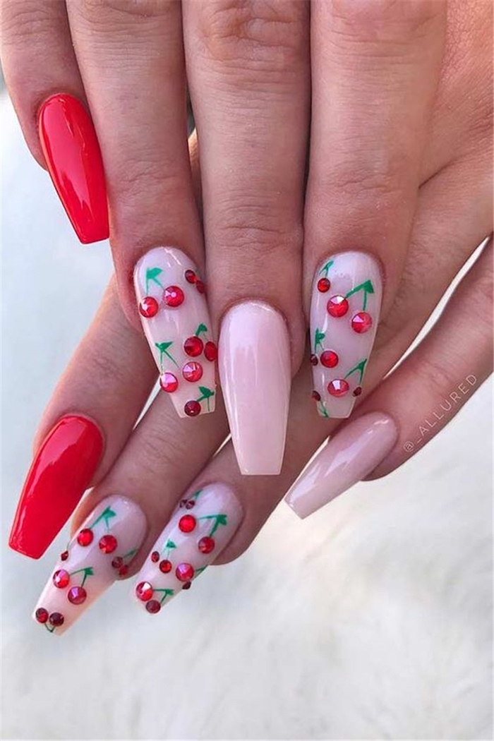 red and pink, nail polish, cherries made with red rhinestones, cute short nails, white background