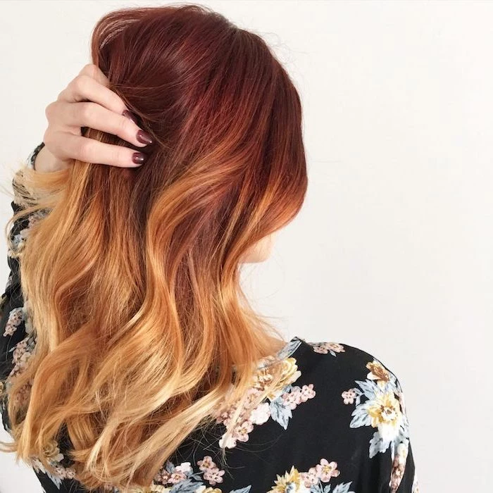 red to blonde, ombre hairstyles, medium length, wavy hair, floral top, white background
