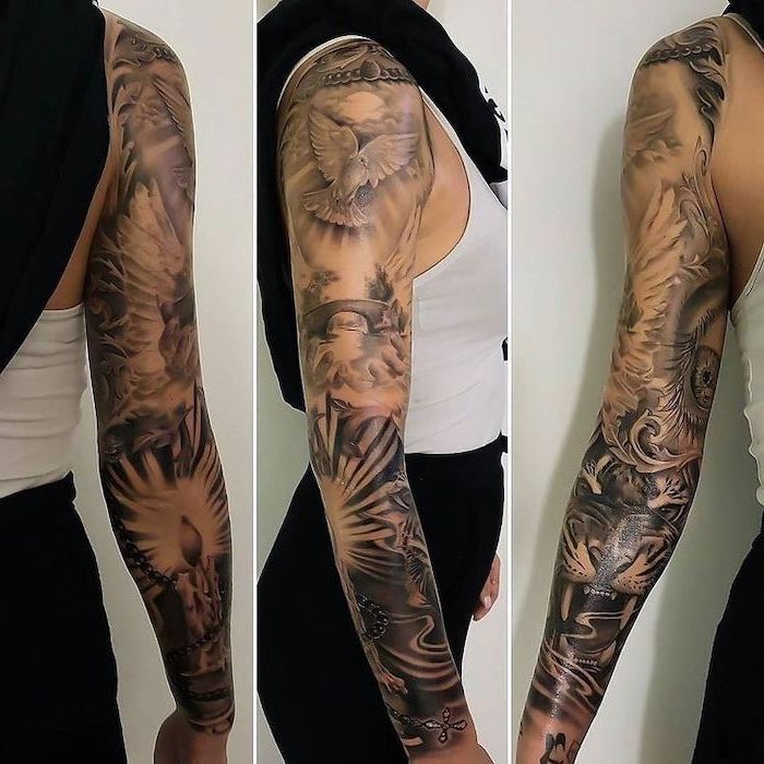 sleeve tattoo designs, religious theme, white top, black pants, white background