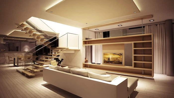 white sofa, folding room dividers, wooden bookshelves, wooden staircase, wooden floor