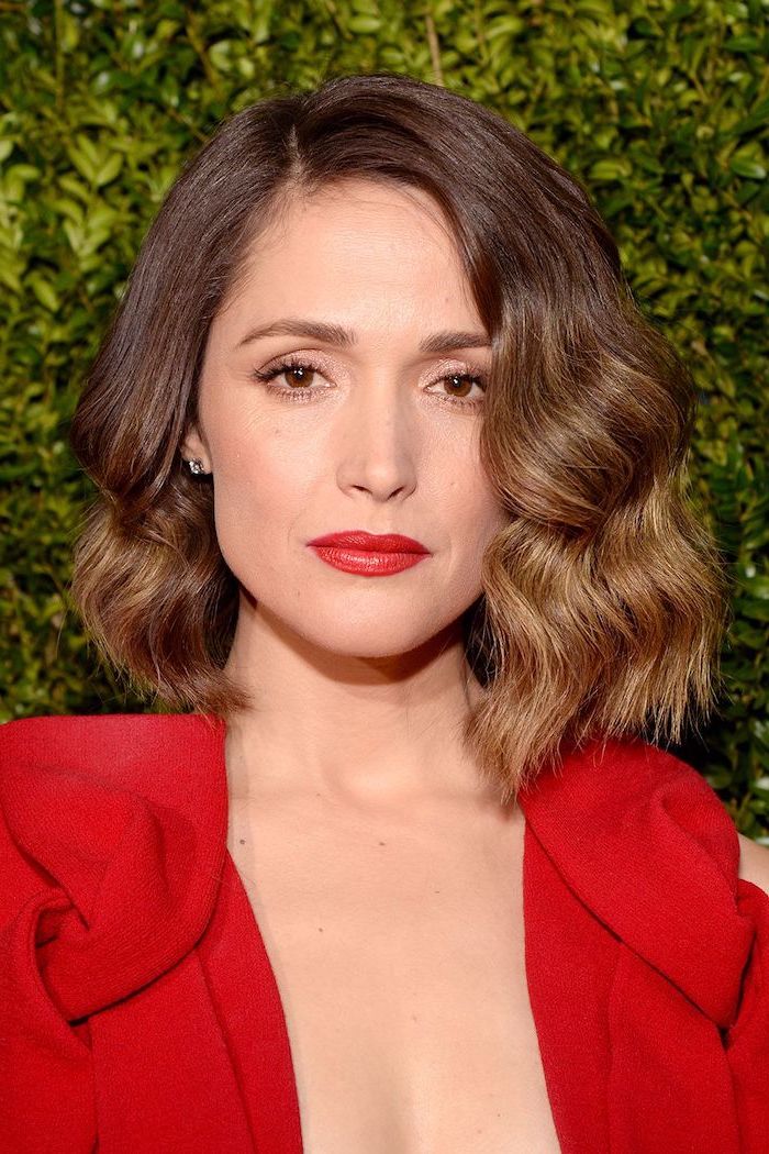 brown to caramel, short and wavy, bob hairstyle, ombre hairstyles, red top, red lipstick, rose byrne