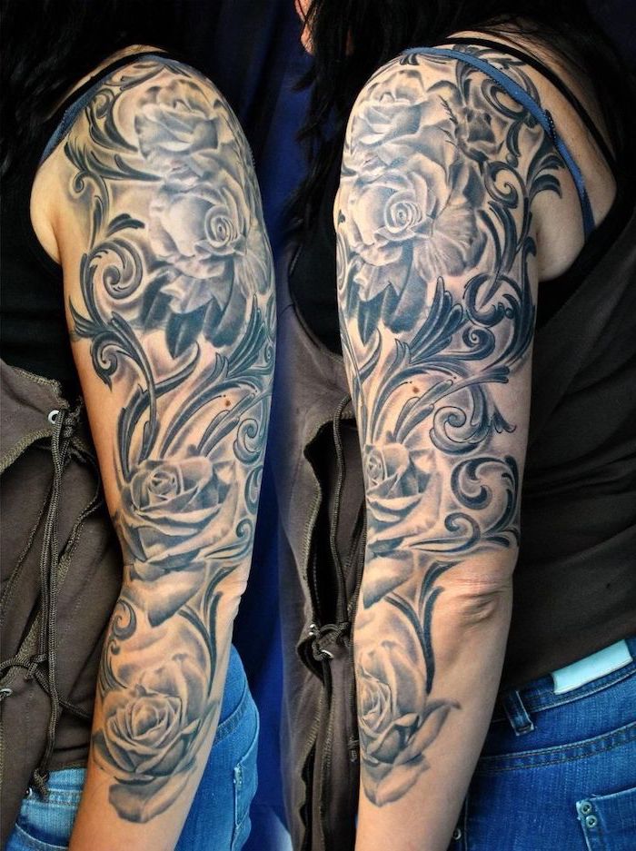 female half sleeve tattoos, floral tattoo, black top, blue jeans