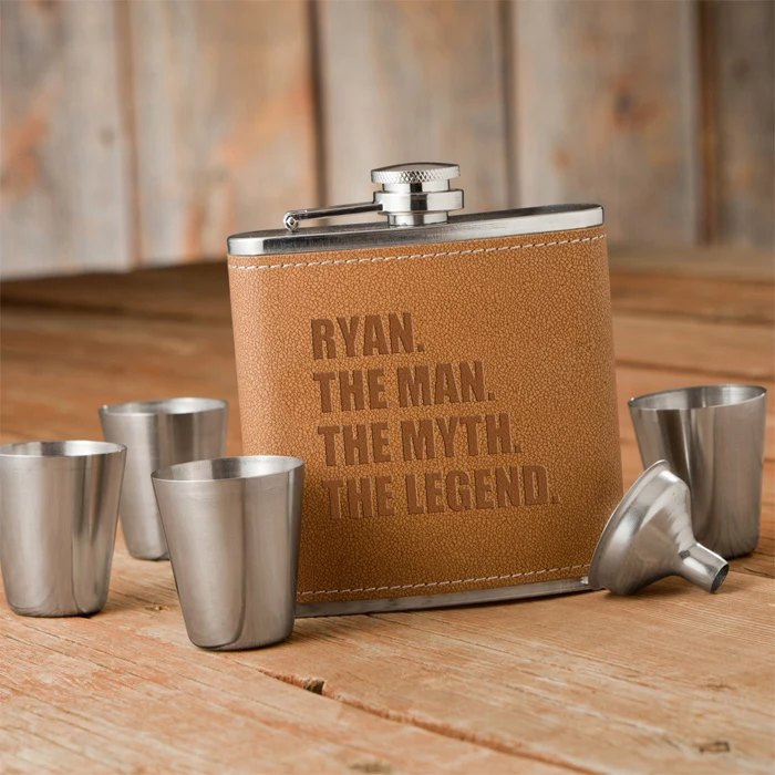 metal flask, with brown leather, groomsmen proposal, metal shot glasses, wooden table