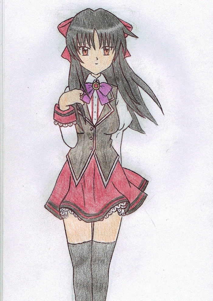 coloured drawing, girl drawing easy, red skirt, black vest, white shirt, black hair, purple bow
