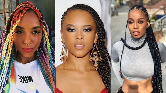 colourful braids, black hair, side by side photos, how to do a french braid