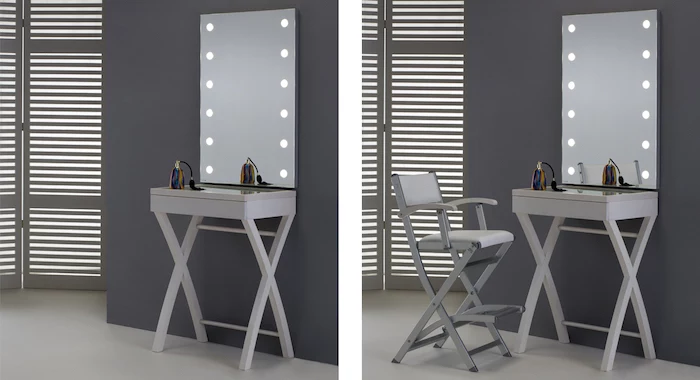 lighted mirror, side by side photos, white makeup vanity, grey wall, tall white leather stool