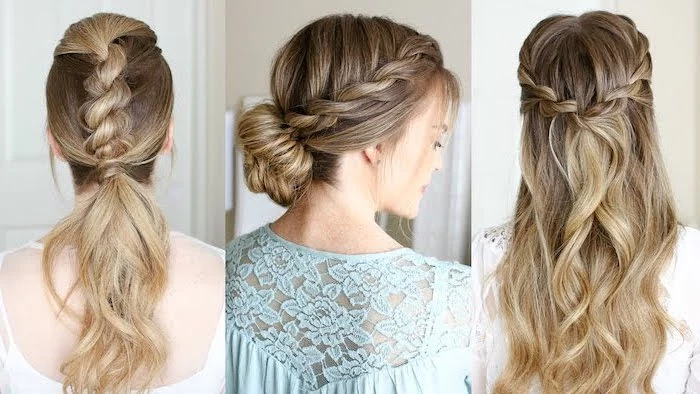 different types of braids, blonde hair, braided updo, side by side photos