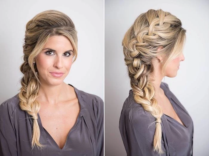 loose side braid, blonde hair, side by side photos, different types of braids, grey satin top