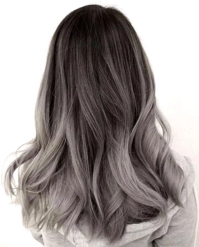 white background, black to silver grey, medium length, wavy hair, how to do ombre hair