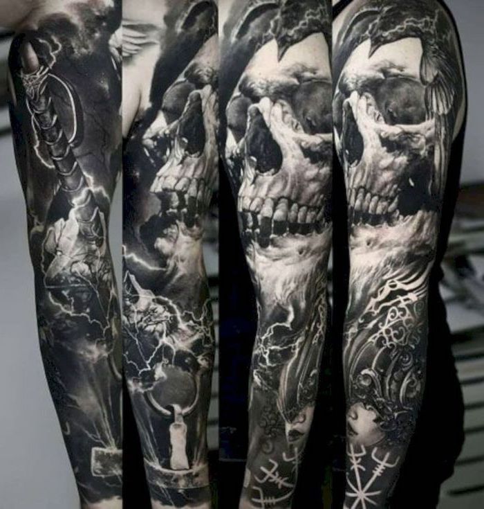 large skull, photos taken from different angles, female half sleeve tattoos