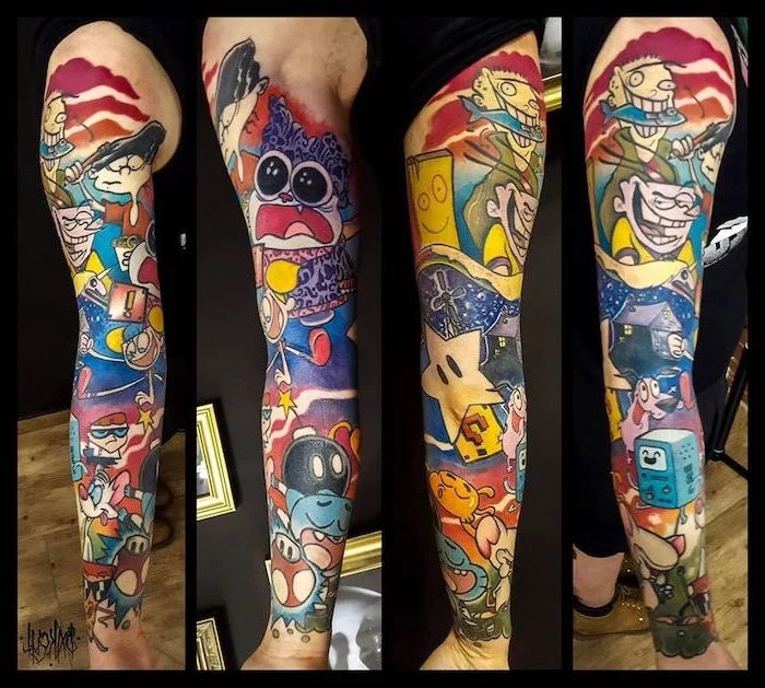 religious tattoo sleeve, cartoon network characters, new school tattoo