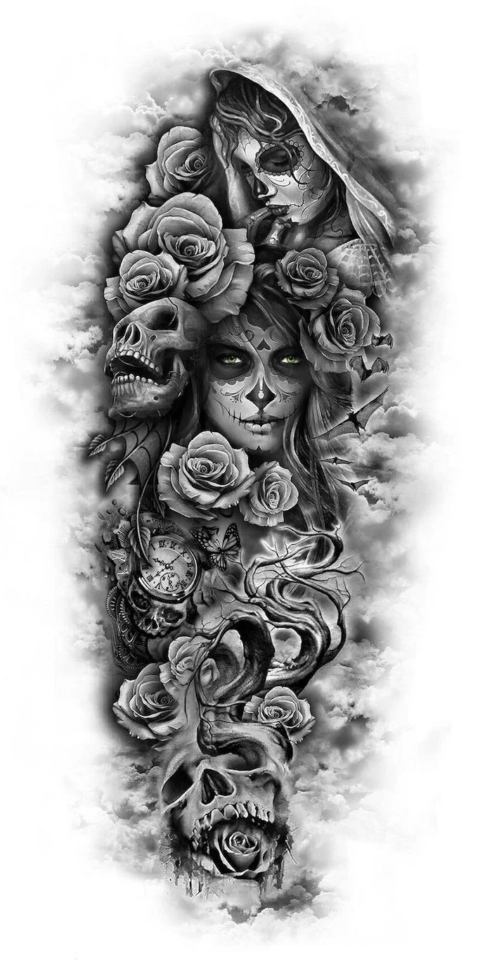 tribal sleeve tattoos, black and white sketch, female faces, skulls and roses