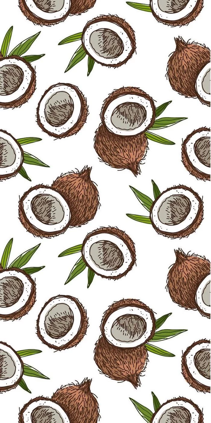 colored drawing, of sliced coconuts, cute phone backgrounds, white background