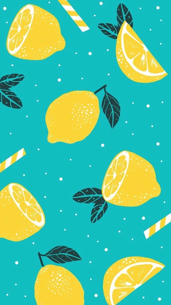 cute phone backgrounds, colored drawing, sliced lemons, on blue background
