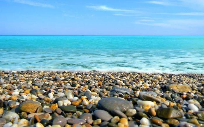 small rocks, on the beach, ocean waves, blue sky, cute wallpapers for lock screen