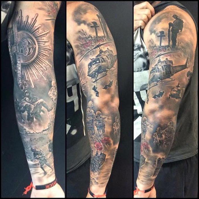 soldiers and helicopter, photos taken from different angles, religious tattoo sleeve