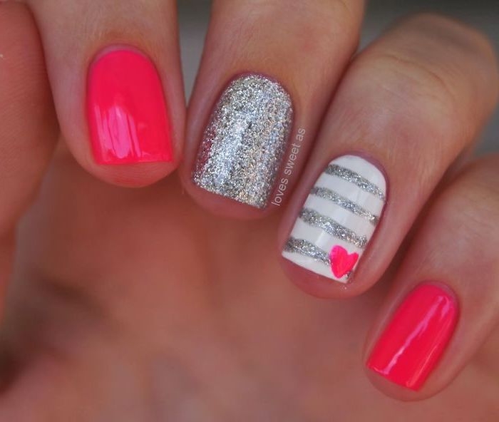 pink and silver glitter, nail polish, small pink heart, nude nail designs, white and silver stripes