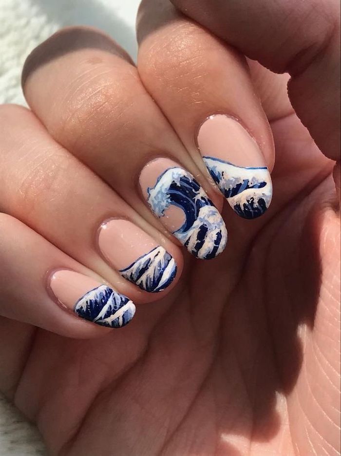 nude nail polish, large wave drawing, nude nail designs