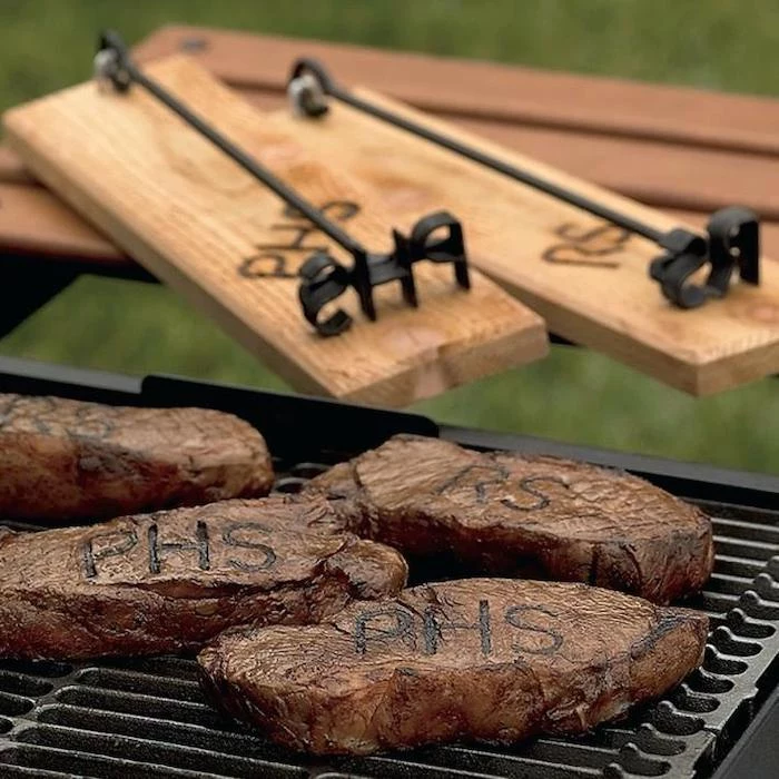 steak branding iron, of the person's initials, groomsmen gift box, wooden holders, grilled steak