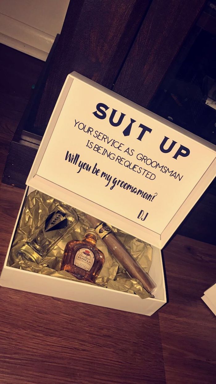groomsmen watches, suit up, carton box, whiskey and cigar, shot glass inside