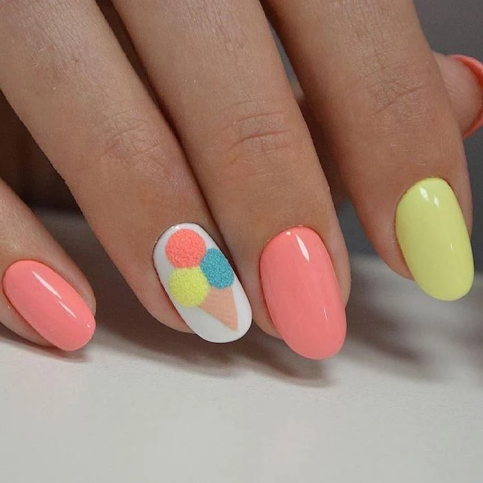 yellow and pink, nail polish, ice cream cone drawing, nude nail designs, white background