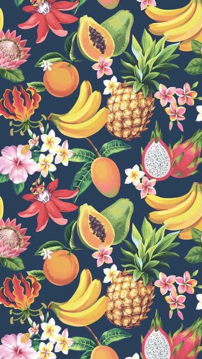 summer wallpaper, bananas and pineapples, peaches and passion fruit, pink and white flowers
