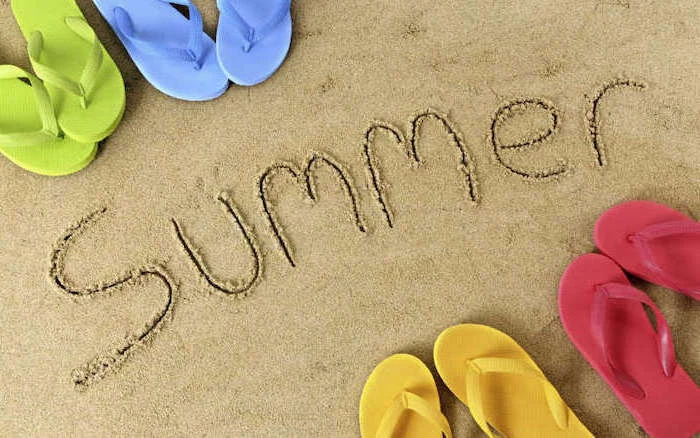 summer written in the sand, cute wallpapers for lock screen, blue and green, yellow and red, flip flops