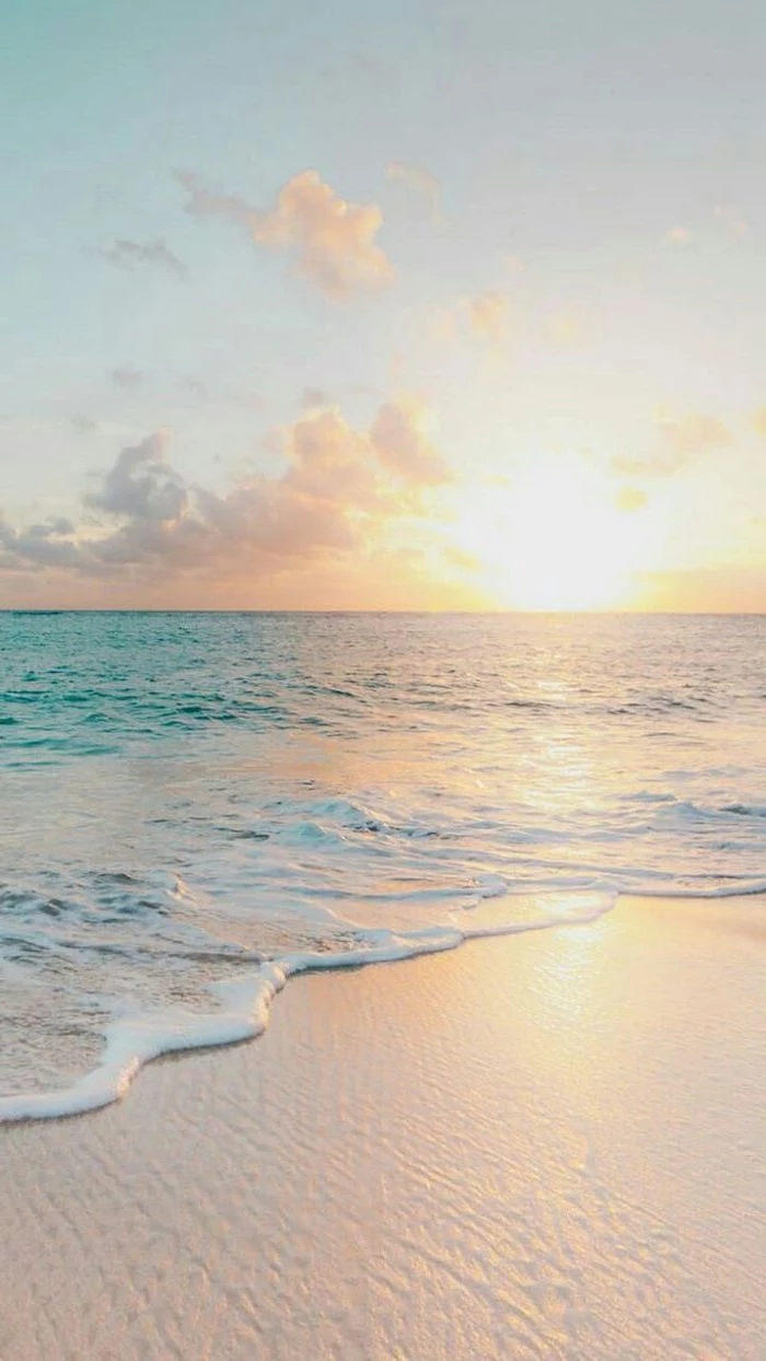 sunset sky, ocean waves, summer wallpaper, beach sand