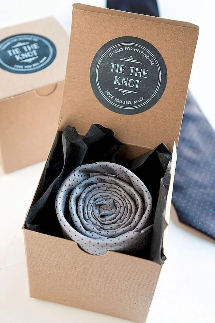 tie the knot, practical groomsmen gifts, carton box, grey tie inside