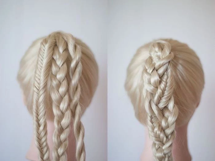 blonde hair, three different braids, braided together, how to do a dutch braid, white background