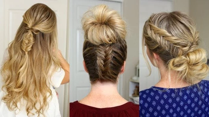 three different hairstyles, dark blonde hair, with highlights, side by side photos, how to do a dutch braid